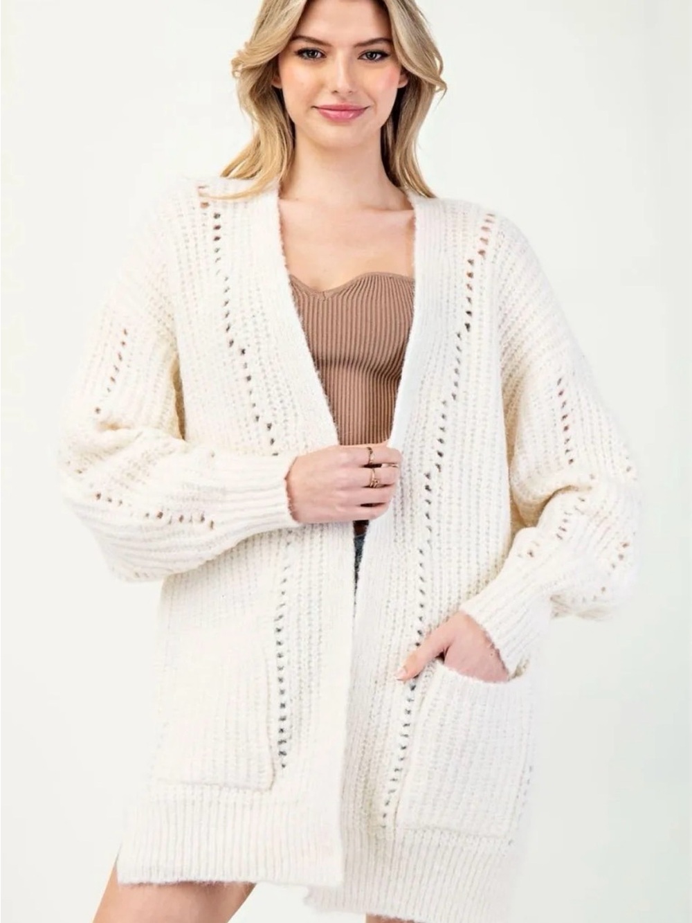 Open-Front Cream Knit Cardigan Sweater